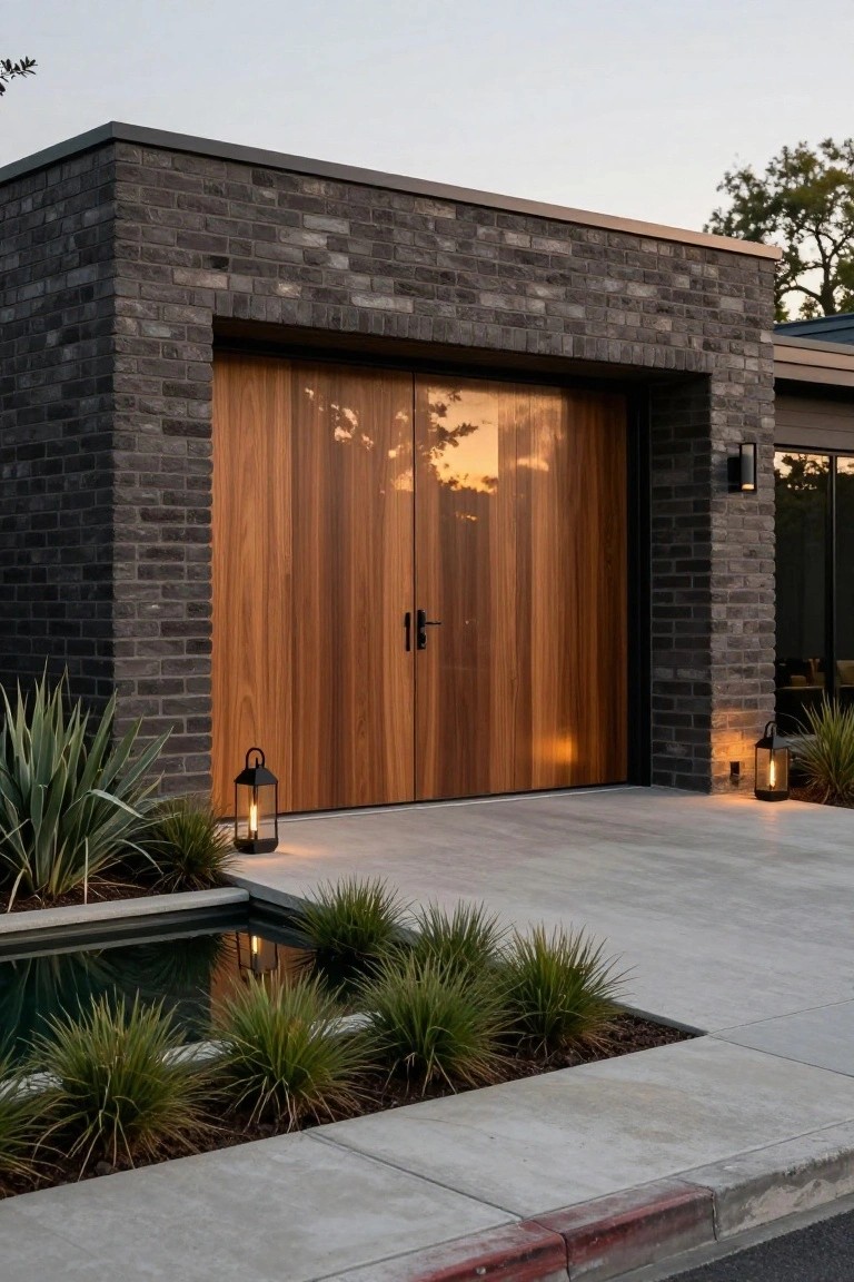 Modern house exterior with dark brick walls, a large double wooden garage door, black lanterns on either side, agave plants, and a small reflecting pool along the concrete driveway.