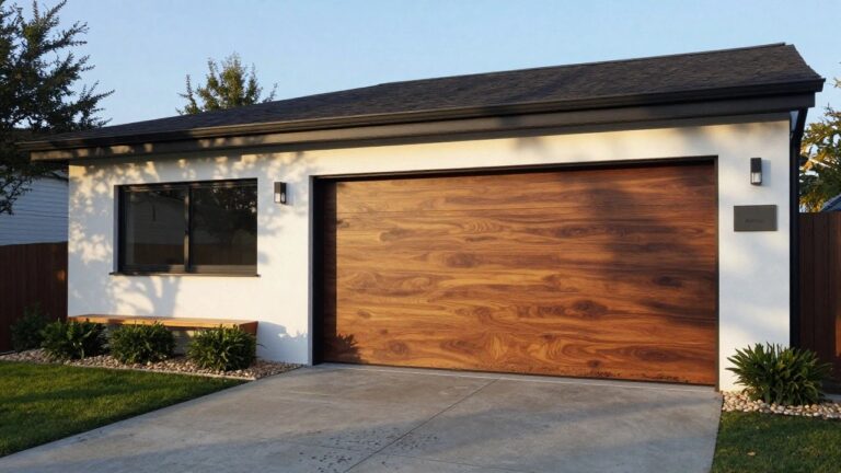 White stucco house exterior with large vertical walnut wood garage door featuring a slim window, flanked by wall lights, concrete driveway, gravel edging, hedges, and a potted plant.