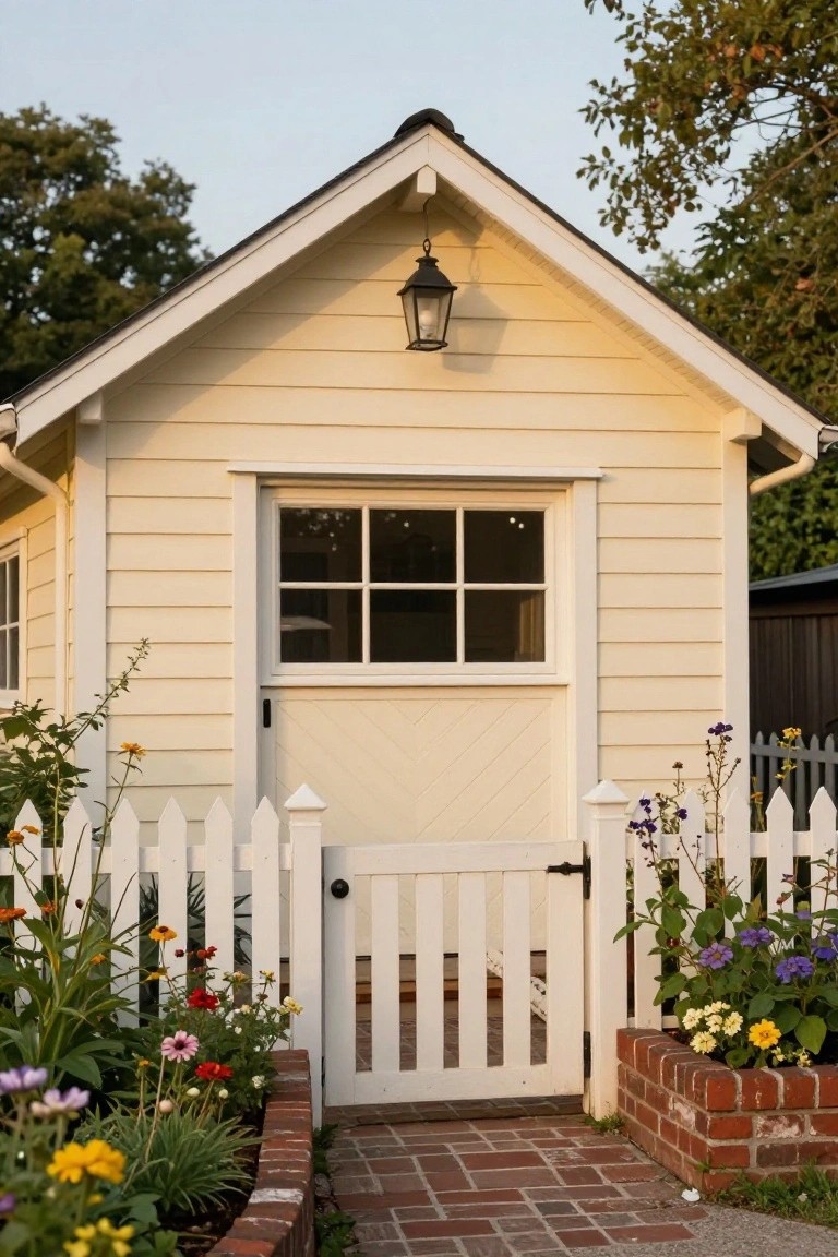 Small pale yellow clapboard garden shed with white paneled door and grid window, lit by a lantern, reached via brick path through white picket gate amid colorful flowers and plants.