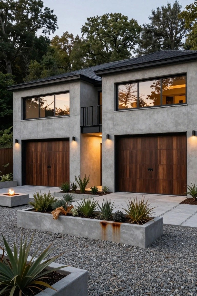 Gray Facade with Walnut Garage Doors