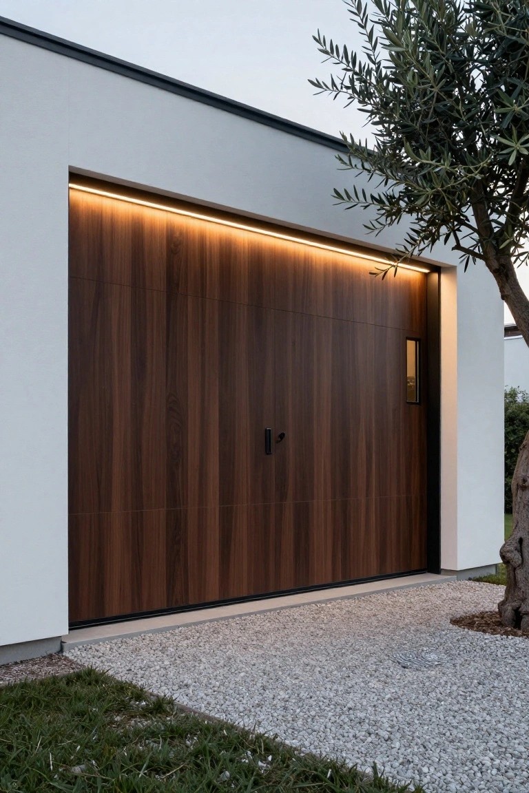 Dark walnut wood paneled garage door with slim white LED strip lighting along the top edge, next to a white stucco wall, black frame, olive tree, gravel driveway, and grass.