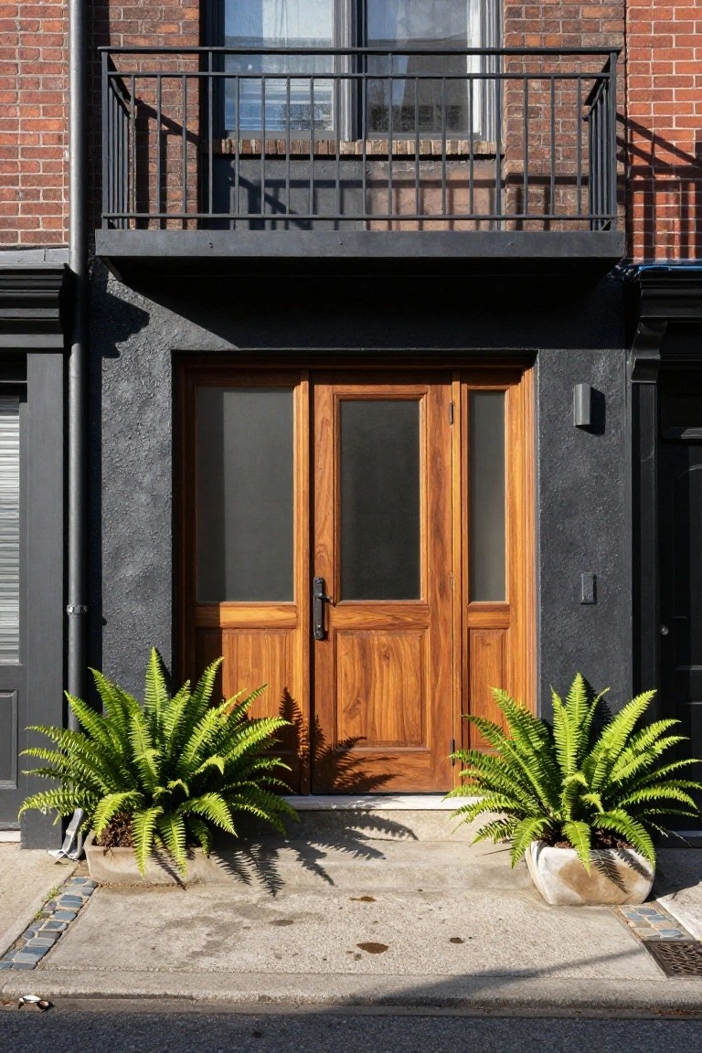Rich Walnut Garage Door with Potted Ferns
