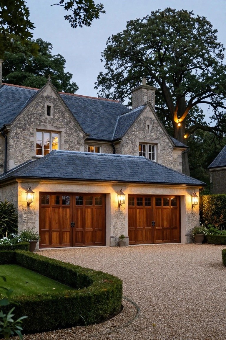 Stone house with slate roof and dark wooden garage doors lit by lanterns on stone walls, facing a gravel driveway edged by hedges and plants.