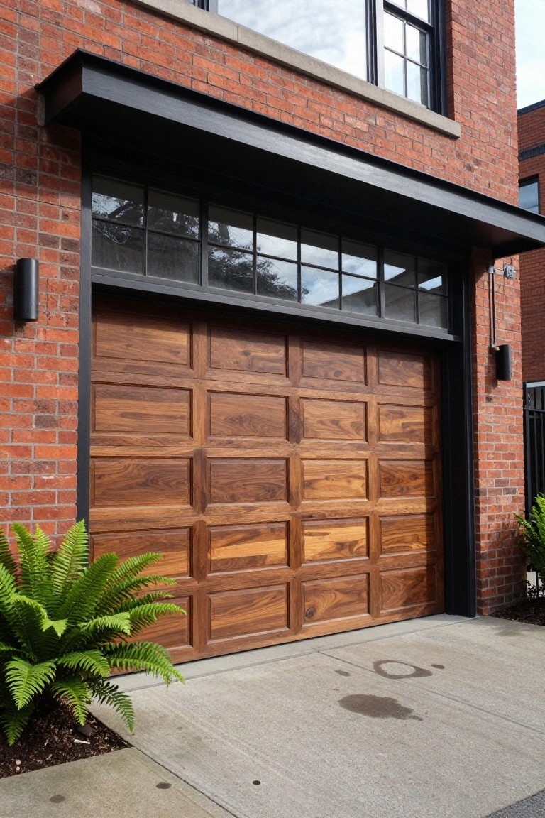 Brick house exterior featuring a large paneled walnut wood garage door with black metal frame and upper windows, flanked by black wall lights and potted ferns on a concrete driveway.