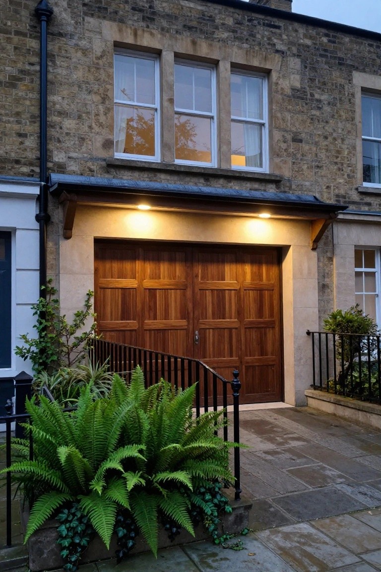 Brick townhouse exterior with a double-panel wooden garage door in dark walnut finish under a lit canopy, iron railing along steps, ferns in planters, and stone pathway at dusk.