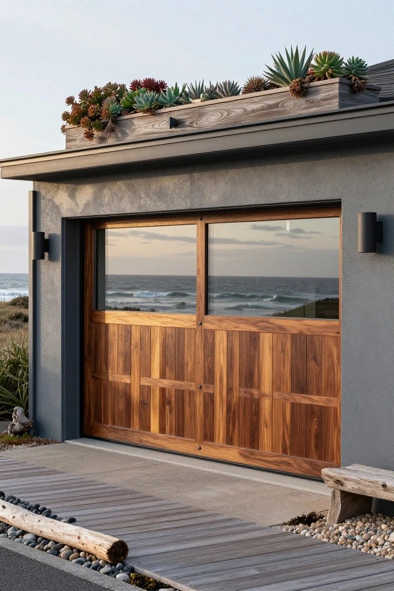 Gray stucco garage with vertical walnut wood door featuring glass panels that reflect an ocean view, topped by rectangular succulent planters, black wall lights, agave plants, wooden pathway, and pebble groundcover.