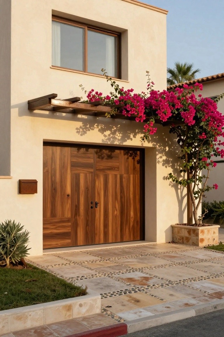 Walnut Garage Door on Stucco Facade