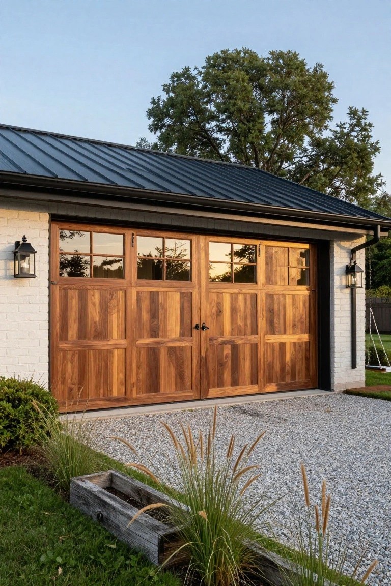 White brick garage with dark wood walnut panel doors containing glass windows, black metal roof, wall lanterns, gravel driveway, grass planter box with tall grasses.