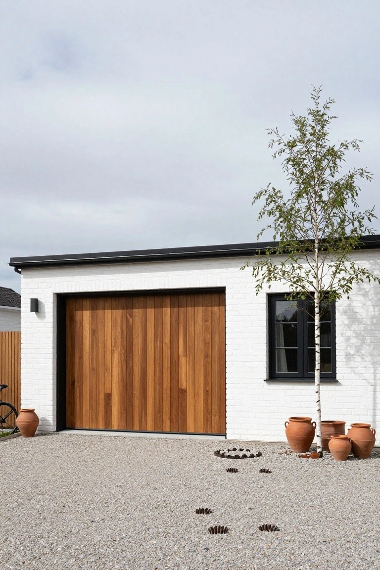 White brick garage with tall vertical walnut wood garage door, black roof and trim, young birch tree beside it, terracotta pots, and gravel driveway with stone accents.