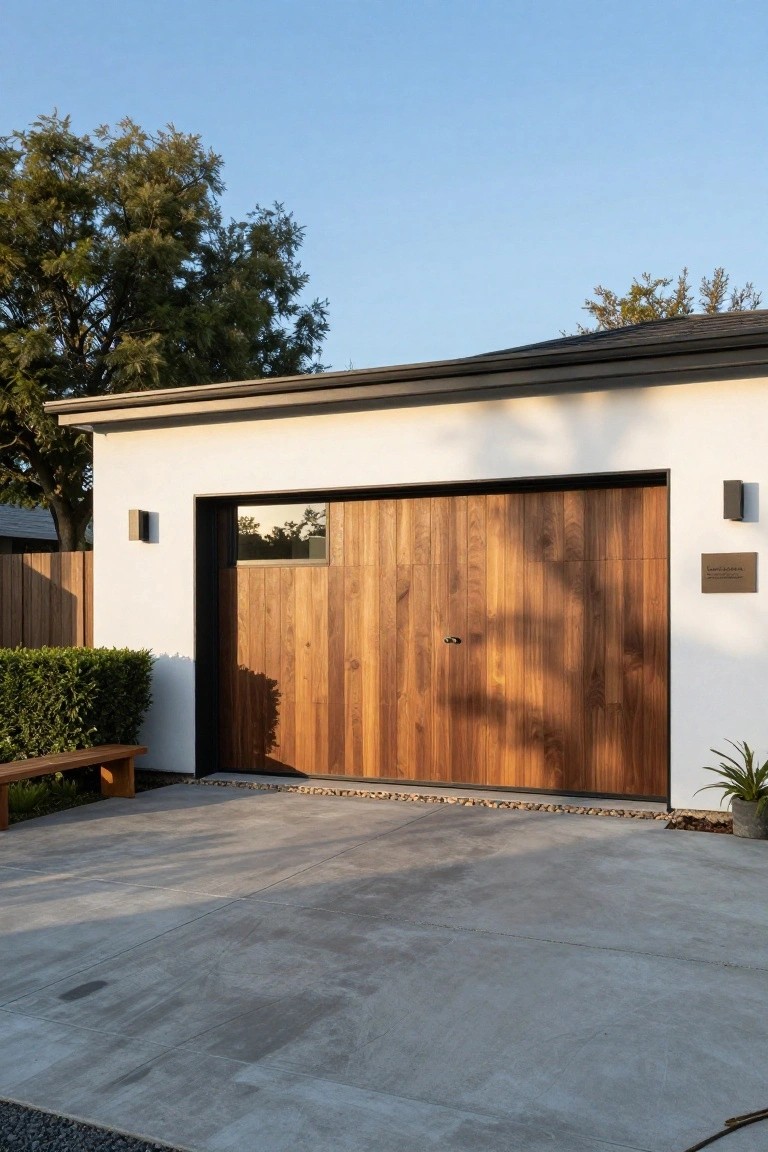 White stucco house exterior with large vertical walnut wood garage door featuring a slim window, flanked by wall lights, concrete driveway, gravel edging, hedges, and a potted plant.