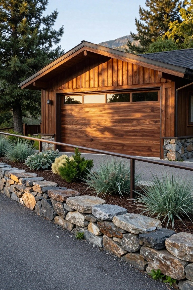 A horizontal rich walnut wood garage door on a house with an adjacent low stone retaining wall planted with agave plants and ornamental grasses along a driveway, backed by pine trees and mountains.