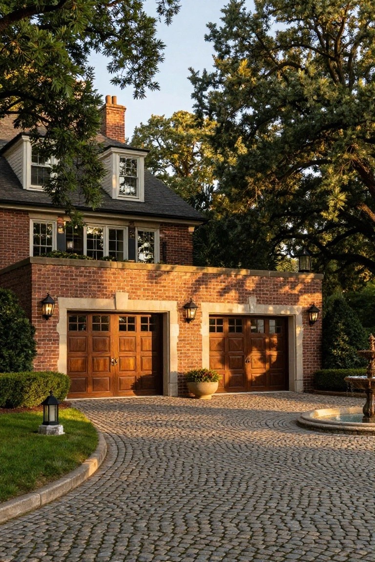 Brick garage with two tall wooden walnut-toned doors, flanked by lanterns, on a curved cobblestone driveway circling a fountain, next to a brick house under trees in evening light.