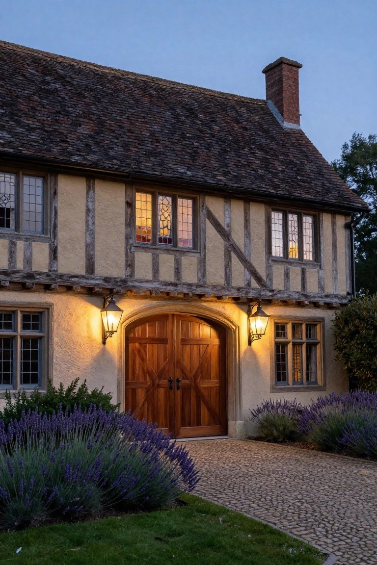 Dusk view of a beige half-timbered house with dark wooden double garage doors under an archway, lanterns on posts, lavender bushes along a pebble driveway, and warm-lit windows.