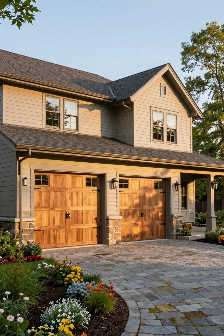 Two-car garage with dark wooden panel doors on a beige shingle-style house, stone pillars, lanterns, flower beds, and paver driveway.