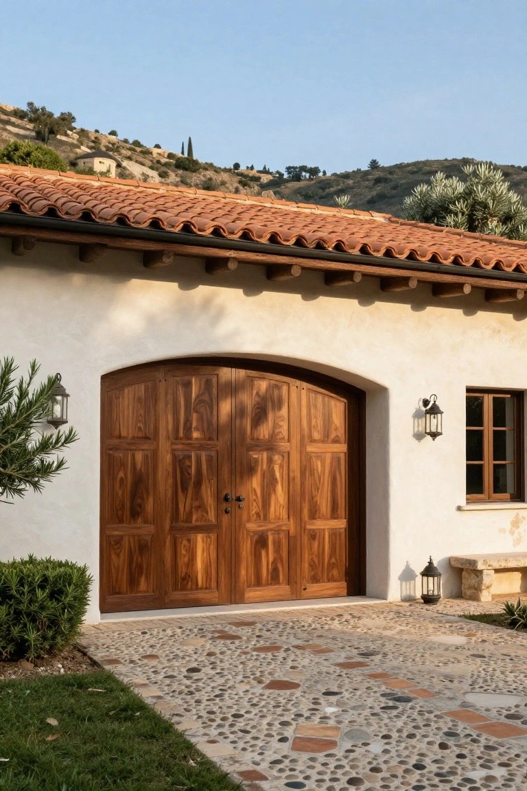 White stucco house exterior featuring double arched walnut wood garage doors flanked by lanterns, with a pebbled pathway, low plants, and hillside in the background under a clear sky.