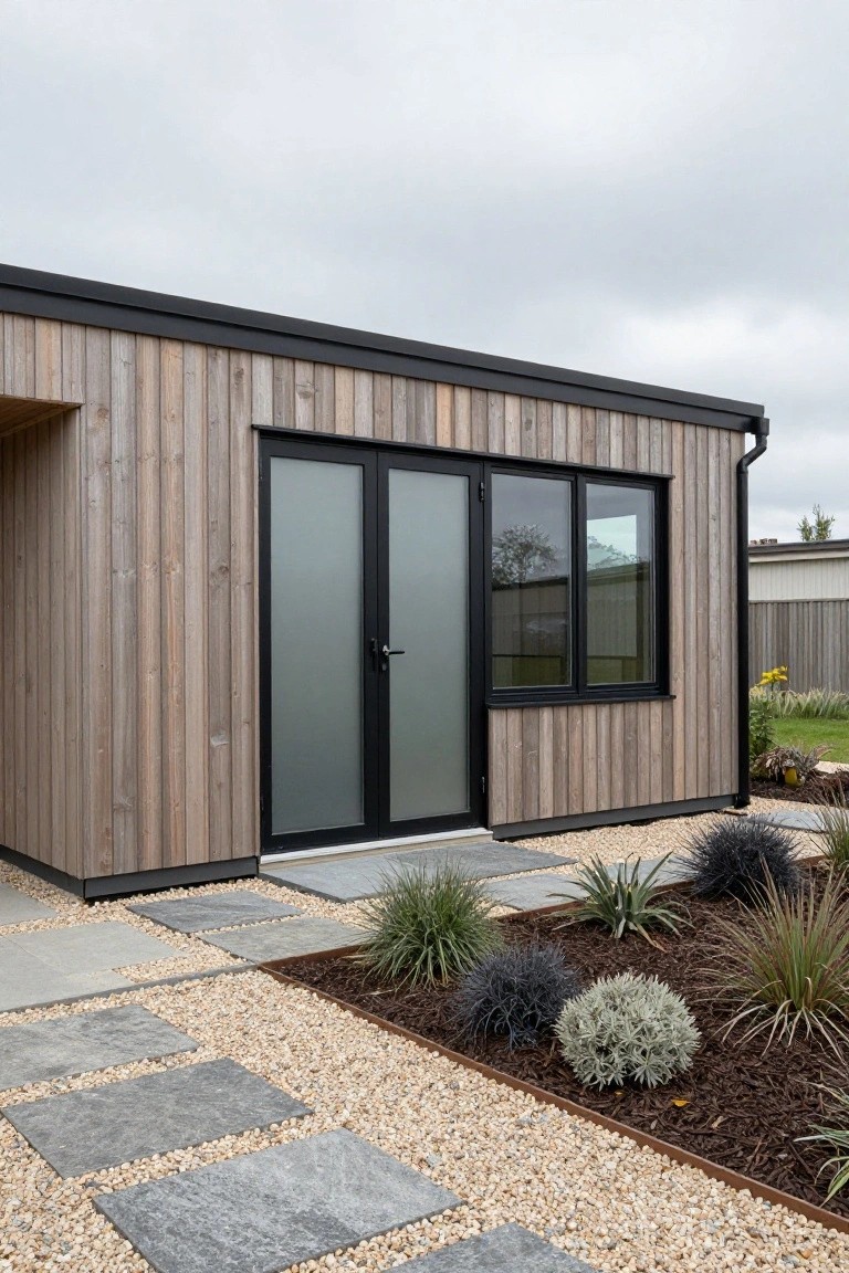 Wooden-clad contemporary garage structure with double black-framed frosted glass doors, flanked by a gravel path, stone pavers, and low shrubs.