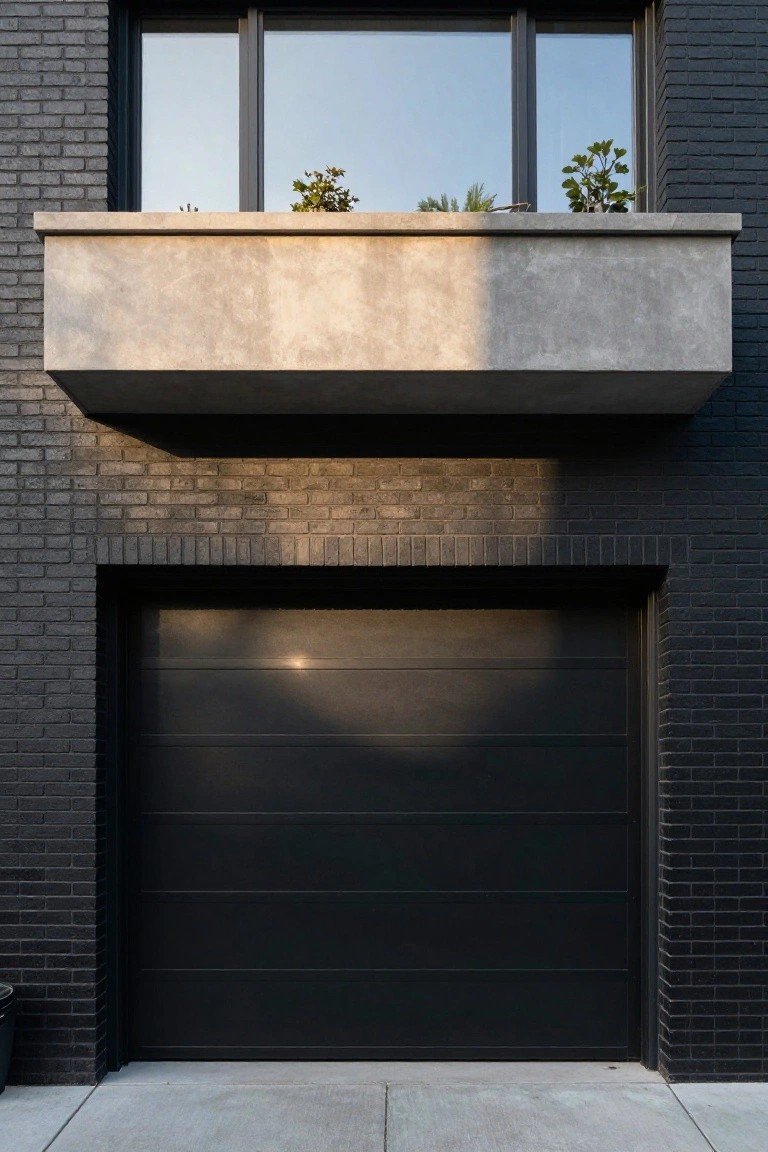 Modern two-story house exterior with black brick walls, a large black roll-up garage door, and a concrete balcony box with plants above the garage.