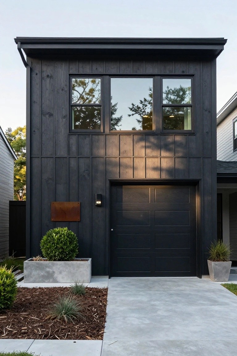 Two-story modern house with black charred wood siding, black double garage door, black-framed windows, concrete driveway, and simple landscaping including grasses and shrubs.