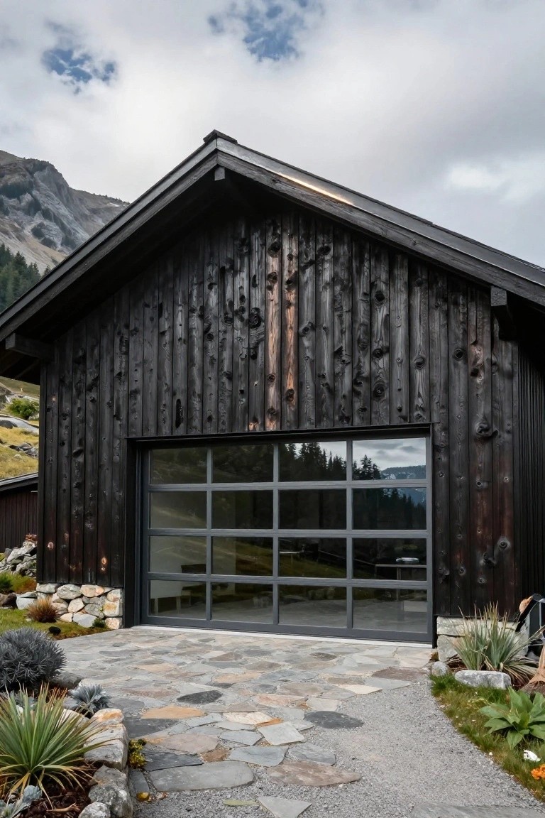 Dark wood-clad chalet house with a large grid-patterned glass garage door, stone gravel pathway, low plants, and rocky alpine terrain in the background.