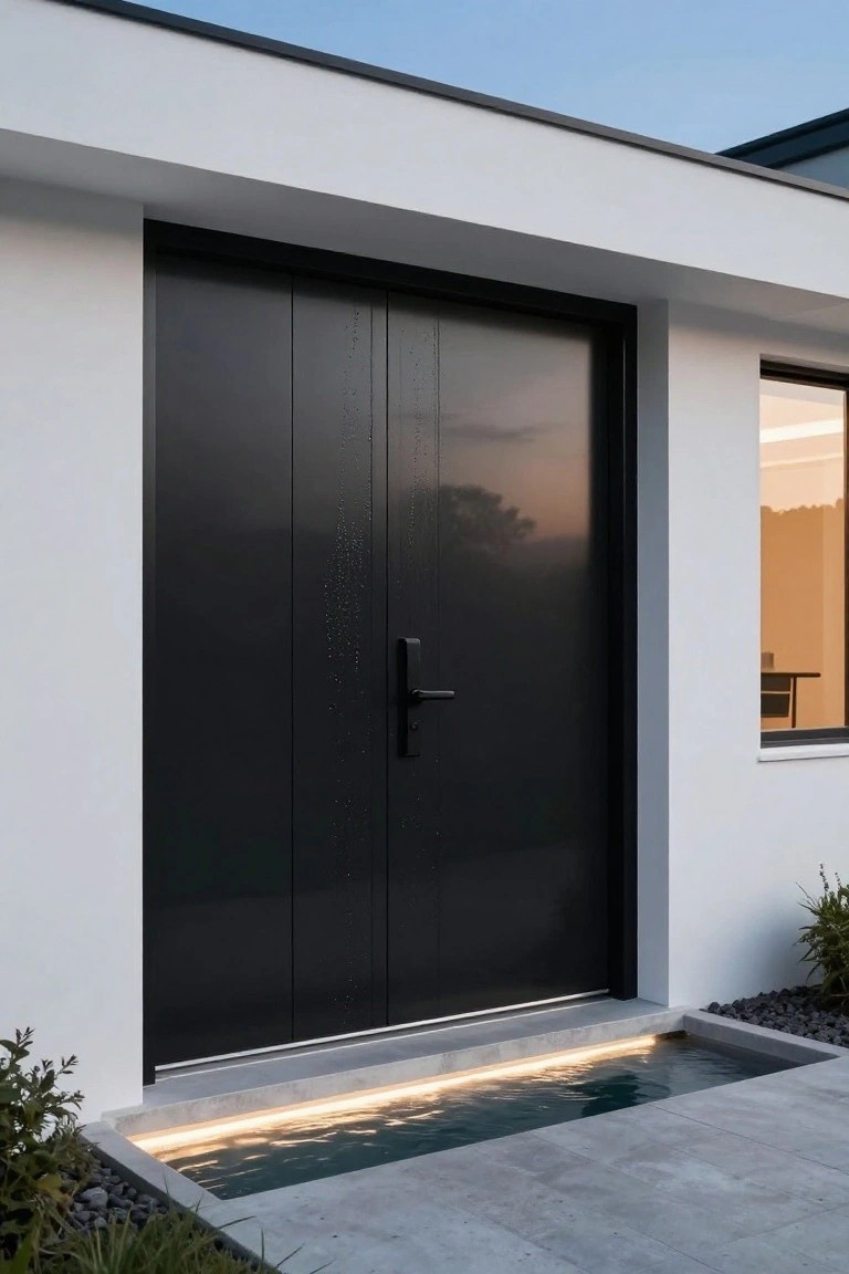 Modern black double doors with water feature and warm lighting.