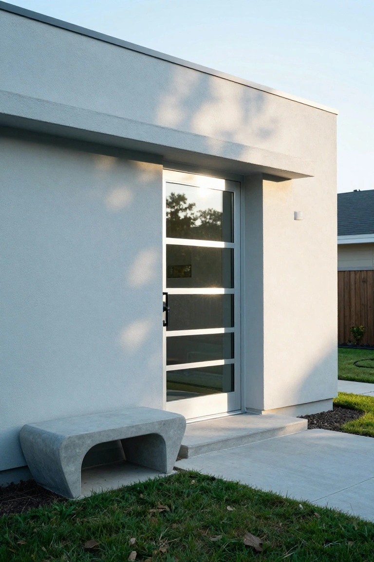 White stucco contemporary house exterior with a large sliding glass door divided by four horizontal metal mullions, a curved concrete bench beside it on a paved entry, grass landscaping, and a wooden fence in the background.
