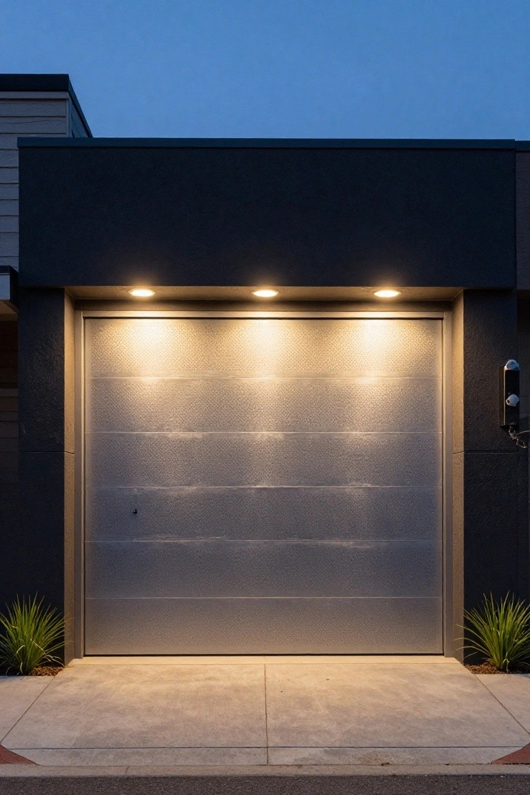 Gray slatted garage door illuminated from above by three recessed lights on a dark modern facade with plants on both sides and concrete driveway at dusk.