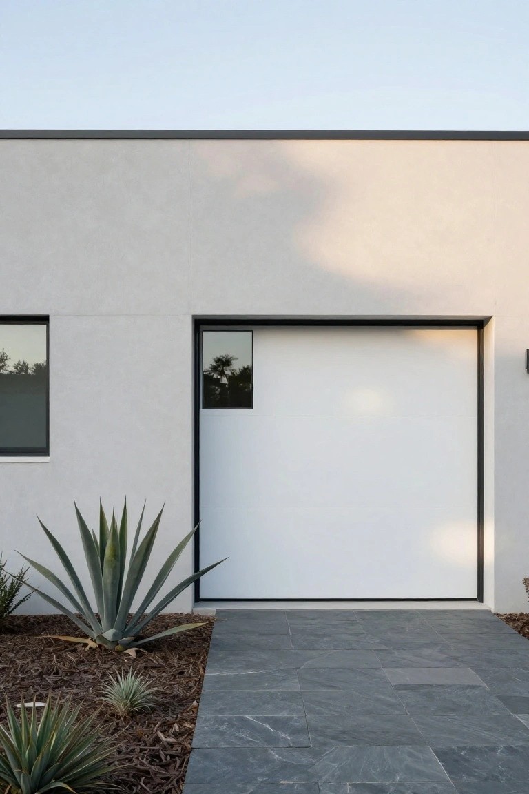 White stucco house exterior with large recessed white garage door in black frame, small square window on door, agave plants in mulch bed, dark stone pathway leading up.