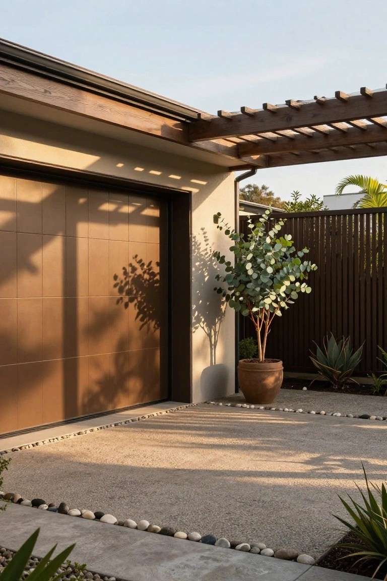 Beige paneled garage door on a light stucco house wall under a wooden pergola, with potted eucalyptus tree, slatted fence, agave plants, and pebble ground cover.