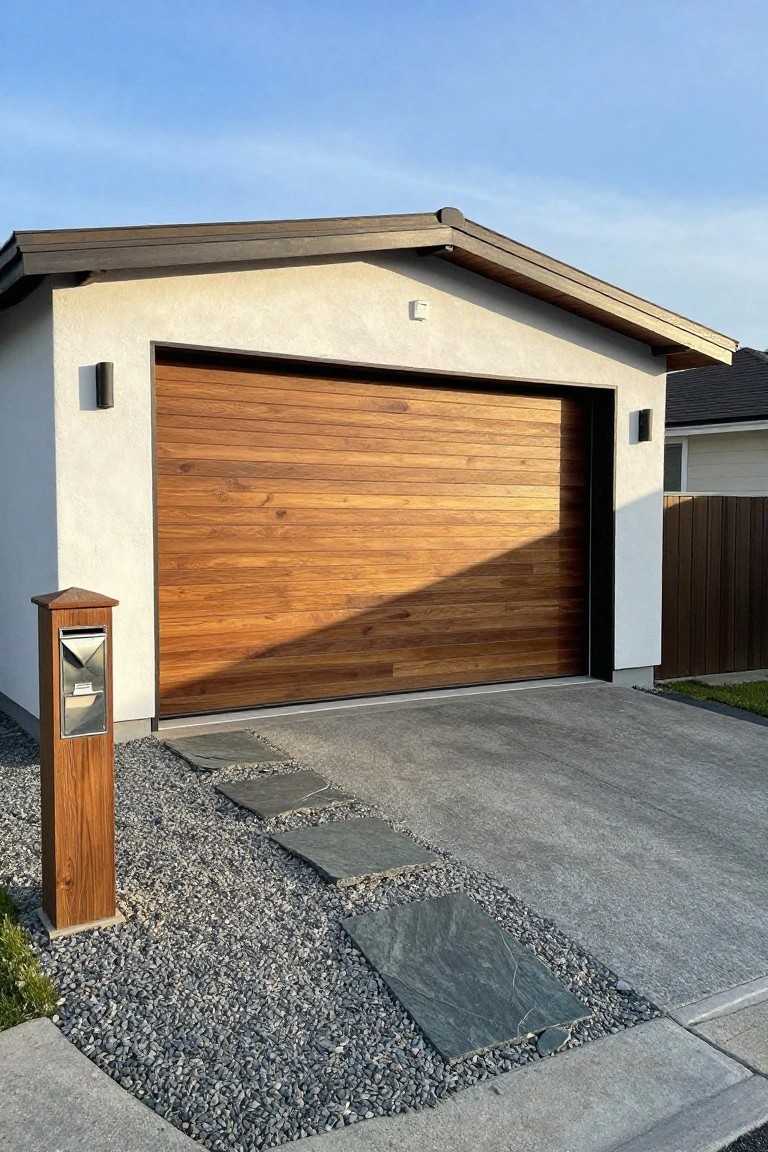 Modern detached garage with open flush wooden slat door, white stucco walls, dark roof, concrete driveway, stone step path, wooden post, and gravel landscaping under clear sky.