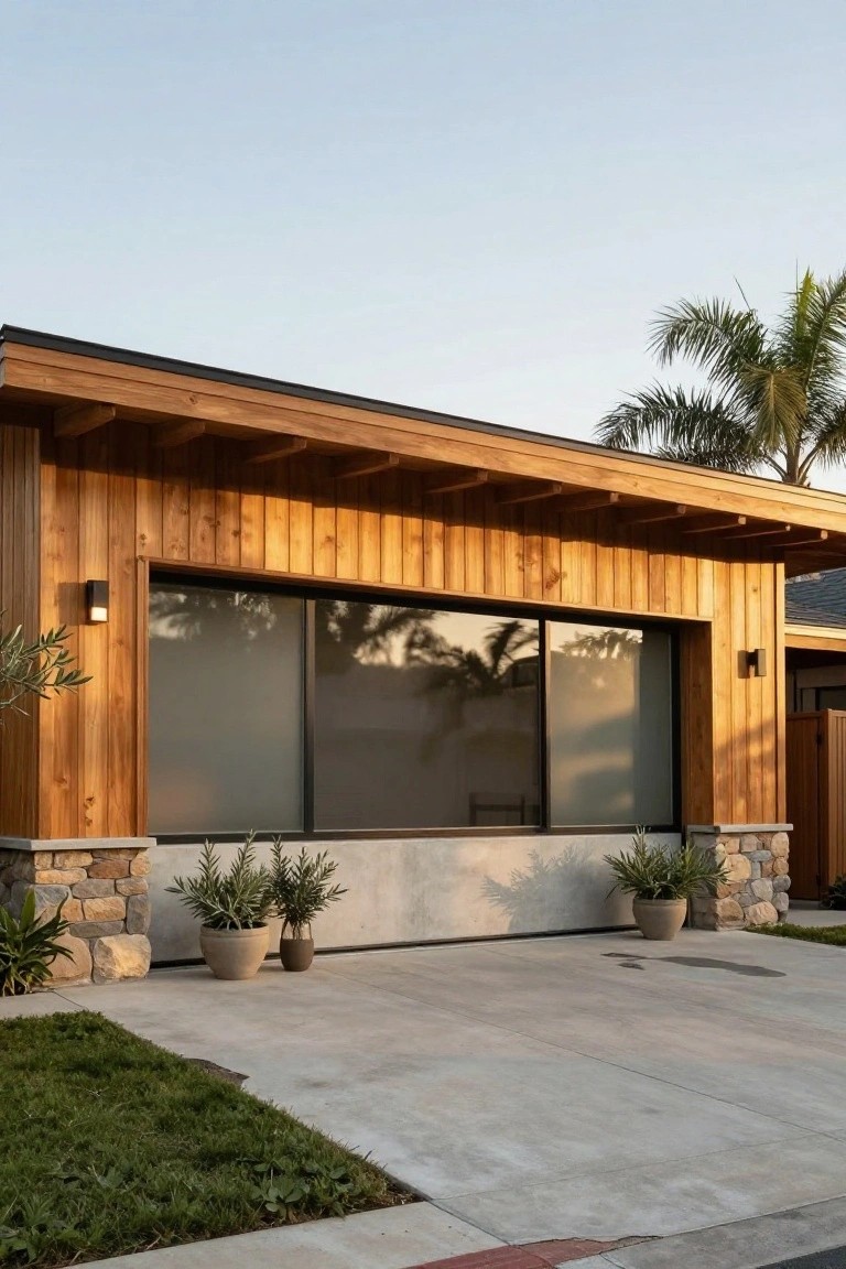 Contemporary house exterior with a large horizontal cedar wood garage door featuring three frosted glass panels, stone base, potted plants on a ledge, wall-mounted lights, and concrete driveway.