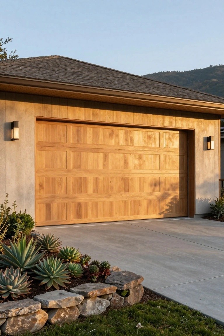 Wooden paneled garage door on a stucco garage facade with modern wall-mounted lights on each side and succulent plants in a rock-bordered bed along the concrete driveway.