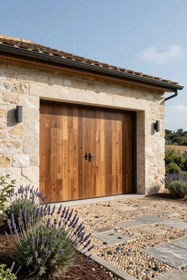 Wooden garage door with vertical planks set into light beige stone walls under a terracotta tile roof, with black wall sconces, lavender plants, and gravel pathway in front.