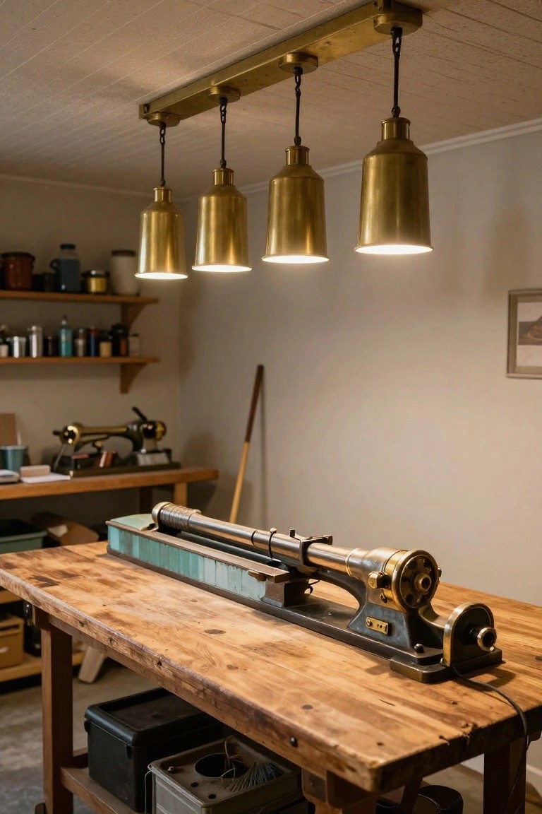 Four brass pendant lights hanging in a row over a wooden workbench holding a vintage lathe machine in a garage workshop