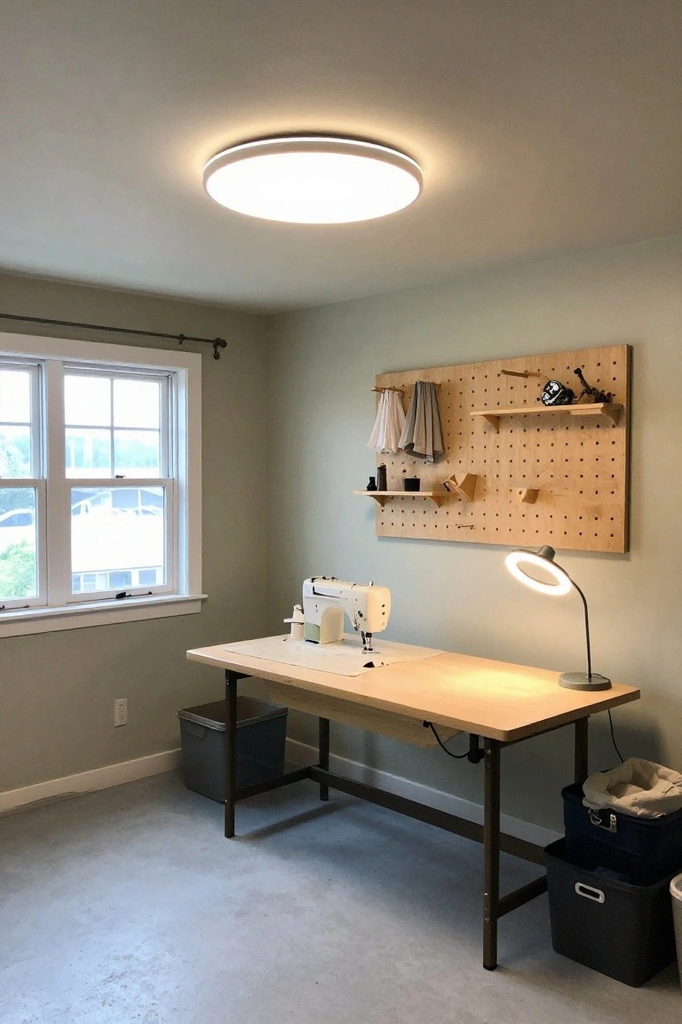 Garage sewing workspace with round flush-mount ceiling light overhead, wooden table, pegboard storage, and even illumination