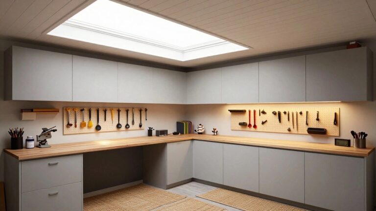 Garage workshop featuring a large skylight in the sloped ceiling above a wooden workbench and white cabinets with under-cabinet lighting