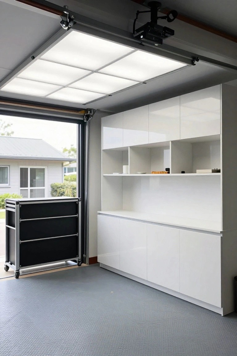 Garage with flush-mounted rectangular ceiling panels lighting white modular cabinets and open shelves along one wall