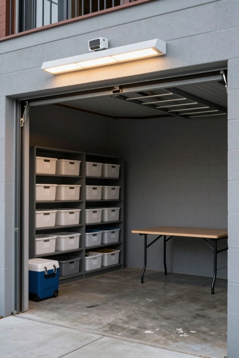 Garage interior lit by simple white ceiling-mounted linear light fixture over open door with storage shelves and table