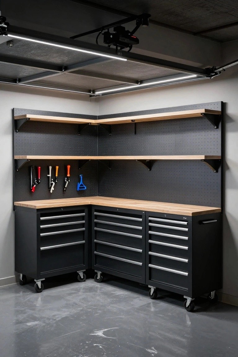Garage corner workbench with black drawer cabinets and wooden top under slim ceiling-mounted track lights