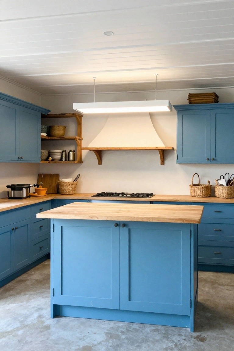 Blue kitchen with wooden island, white range hood, and open shelves.
