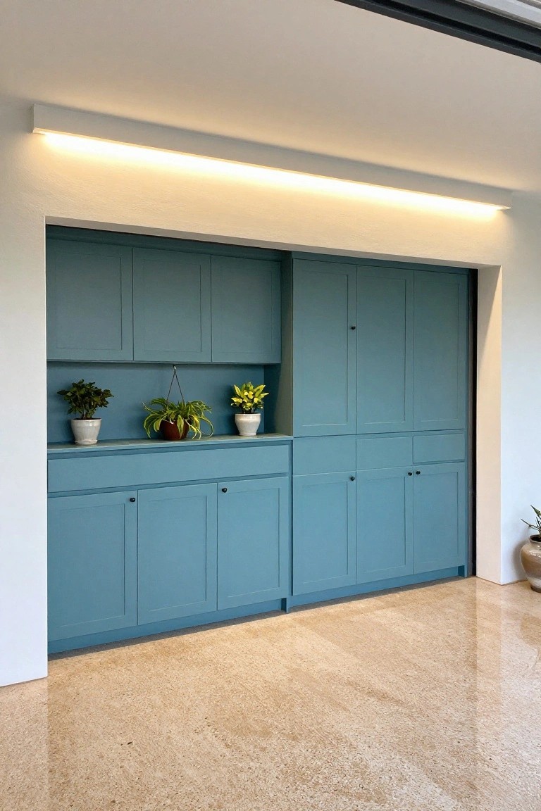 Recessed linear LED strip light in white ceiling above light blue garage cabinets with sliding doors, potted plants on top, and beige stone floor