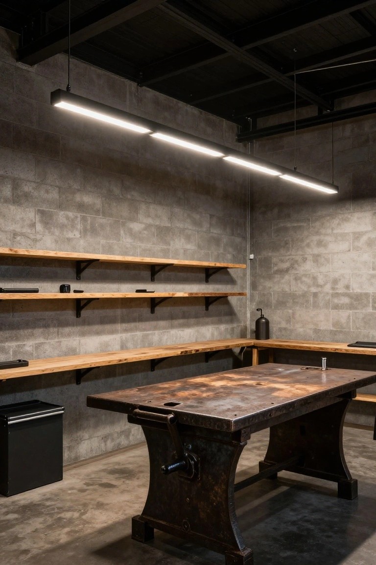 Long linear LED ceiling light over wooden workbench in industrial gray brick garage