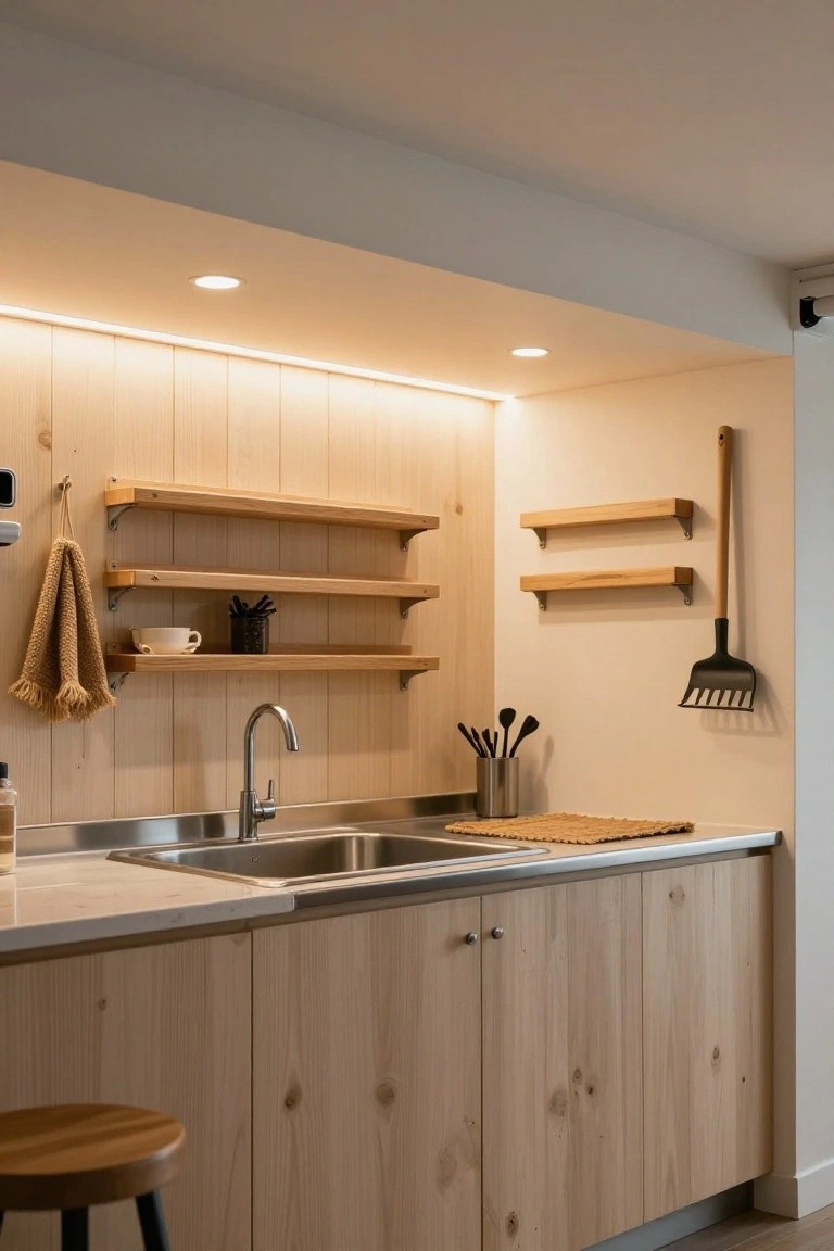 Modern wooden kitchen with recessed ceiling lights, LED strips under shelves, stainless sink, hanging utensils, and warm wood tones