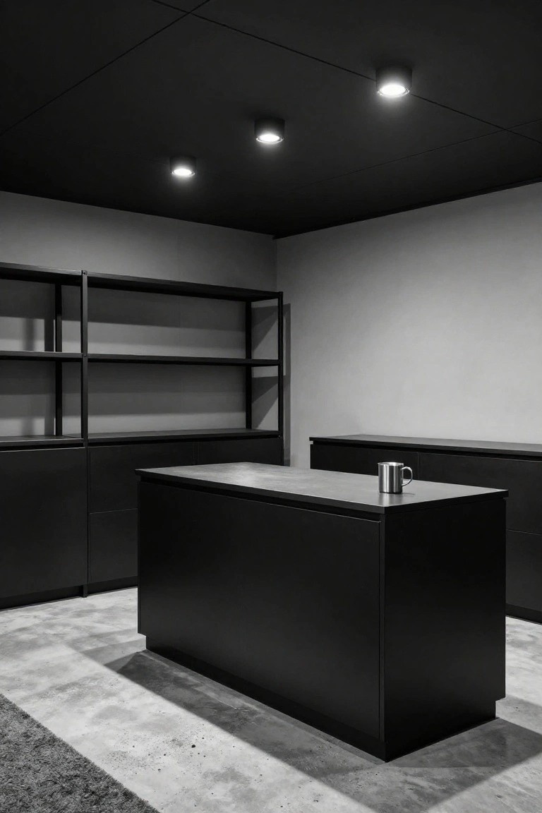 Garage workspace with black ceiling and recessed spotlights over a central island bench
