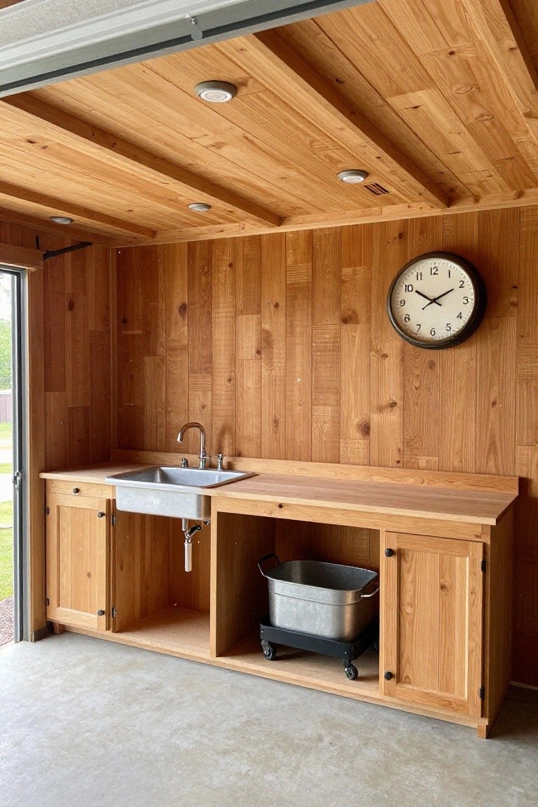 Garage utility space with recessed lights in wooden plank ceiling over wooden sink cabinet