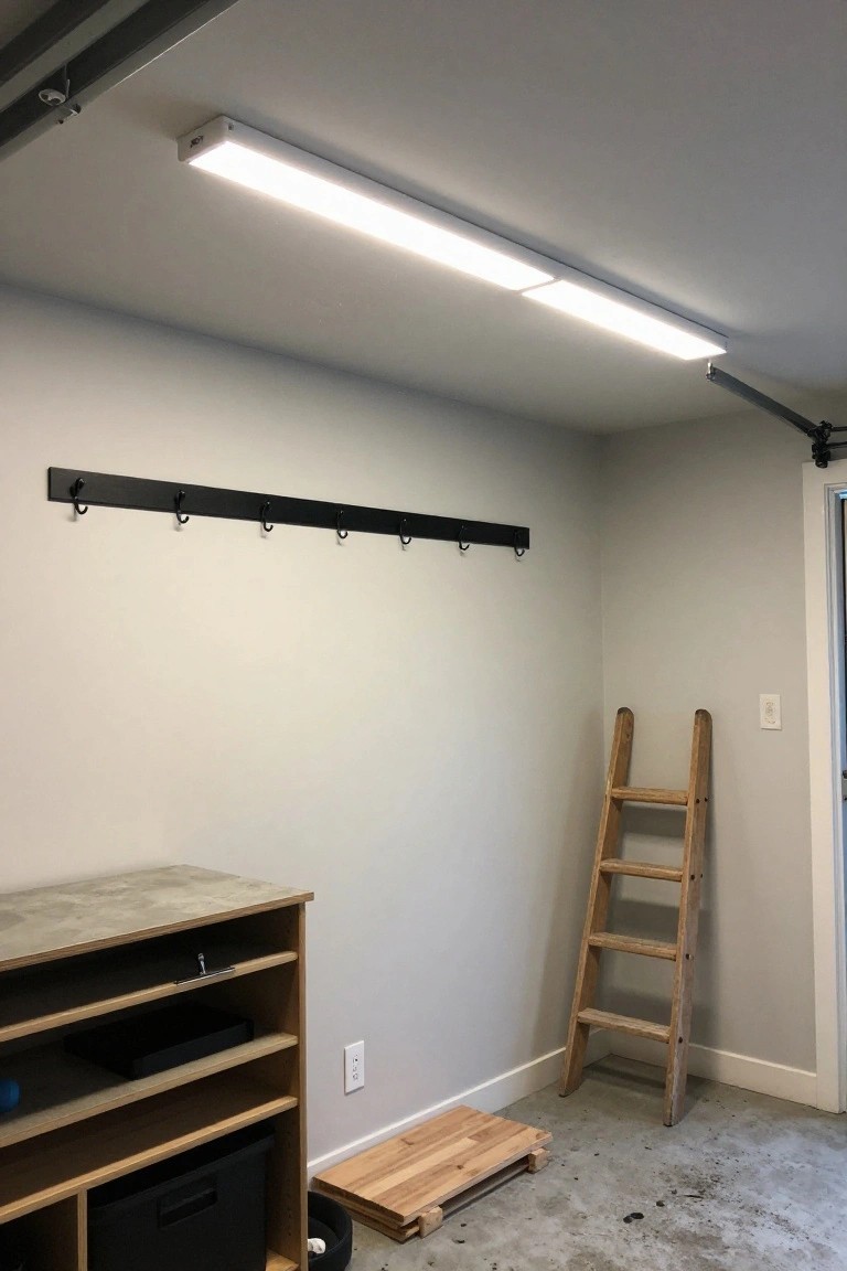 Garage with long linear LED flush-mount ceiling light, wall hooks, workbench, ladder, and open door
