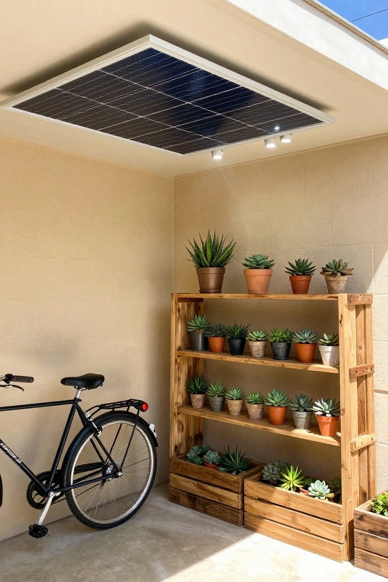 A black bicycle beside wooden shelves of potted succulents under a ceiling solar panel.