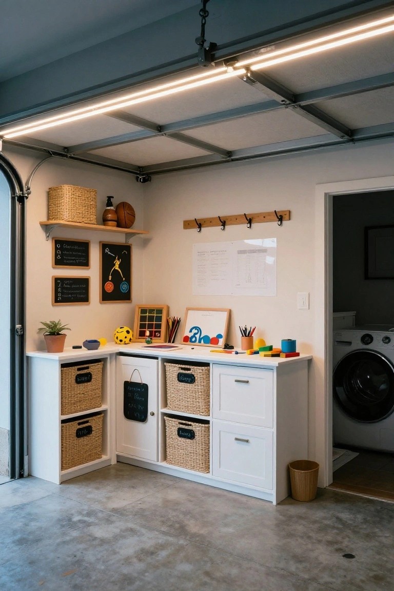 Garage with long suspended LED light bar on ceiling joists lighting up white storage cabinets filled with wicker baskets and toys