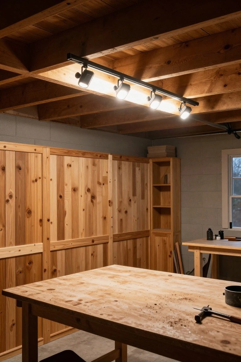 Garage workshop with exposed wooden beams overhead, fitted with black track lighting aimed at a wooden workbench below