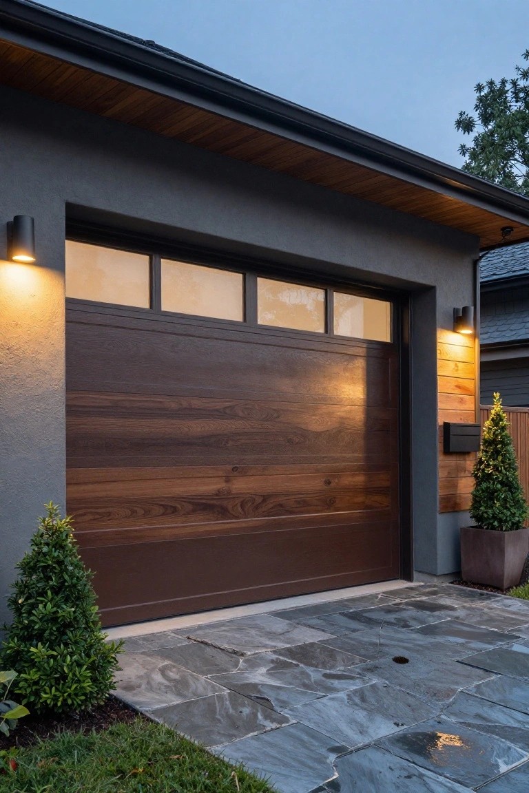 Garage exterior wall painted in deep cool gray next to wooden door and lanterns
