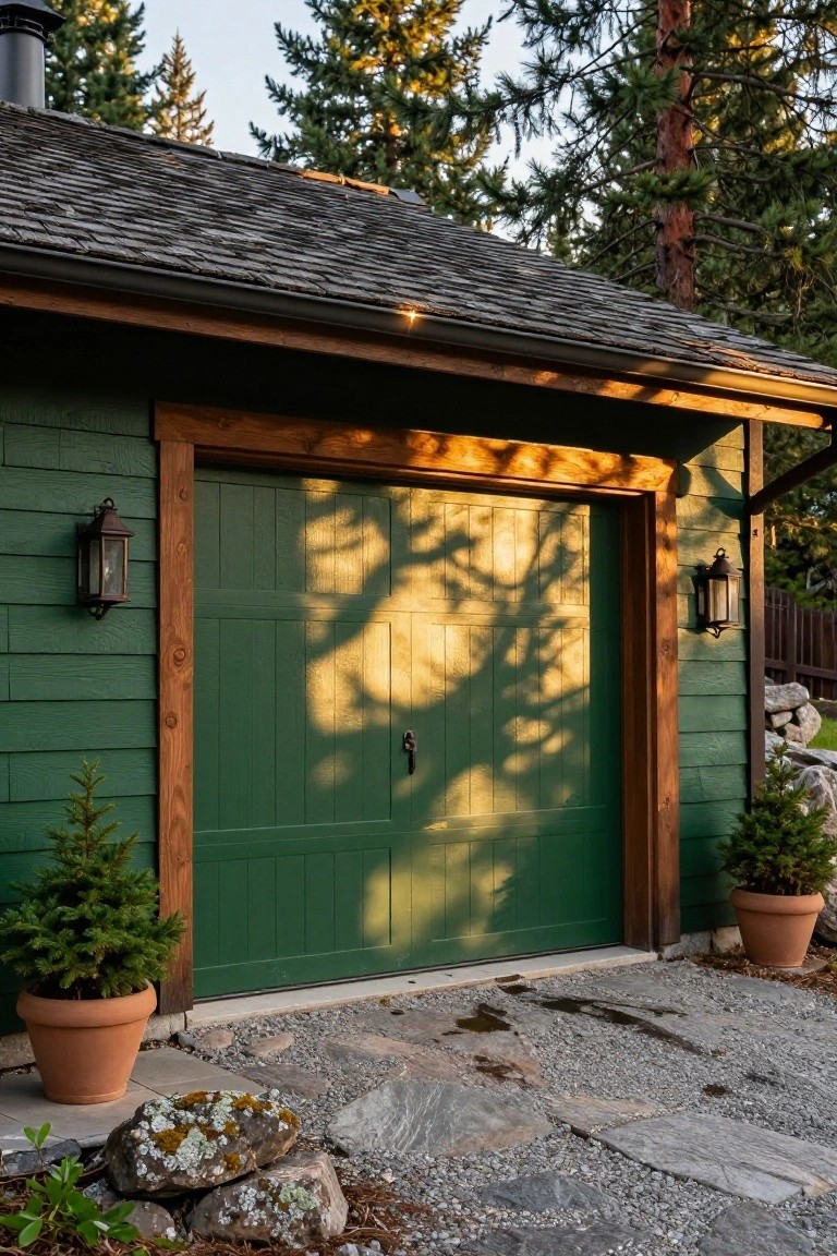 Forest green painted garage with wooden door and accents, set against pine trees and a stone path